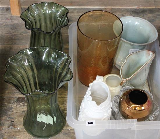 2 large green glass vases and 9 other glass or pottery flower arranging vases